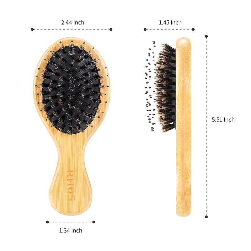 RHOS Mini Boar Bristle Hair brush for Women/Men/Kids-Small bamboo Paddle Brush for Smoothing/Detangling/Adding Shine-Travel Size bamboo Hair Brush for Pocket,Bag - Image 2